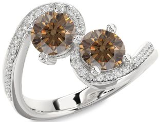 Chocolate Brown Diamond Silver Round Two Stone Pave Ring