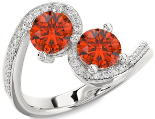 Diamond Fire Opal Silver Round Two Stone Pave Ring