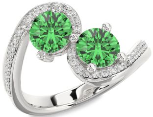 Diamond Green Sapphire Silver Round Two Stone Pave Ring