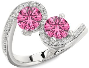 Diamond Pink Sapphire Silver Round Two Stone Pave Ring