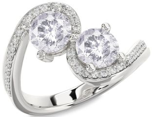 Salt & Pepper Diamond Silver Round Two Stone Pave Ring