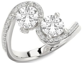 Diamond White Sapphire Silver Round Two Stone Pave Ring