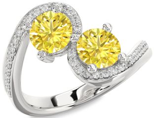 Yellow Diamond Silver Round Two Stone Pave Ring
