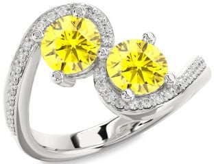 Diamond Yellow Sapphire Silver Round Two Stone Pave Ring