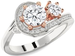Diamond Silver & 10K Rose Gold Round Two Stone Ring