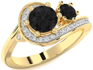 Black Diamond Gold Silver Round Two Stone Ring