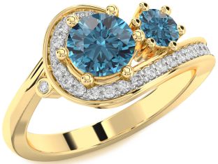 Blue Diamond Gold Silver Round Two Stone Ring