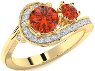 Diamond Fire Opal Gold Silver Round Two Stone Ring
