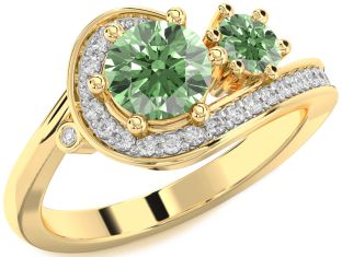 Green Diamond Gold Silver Round Two Stone Ring