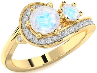 Diamond Moonstone Gold Silver Round Two Stone Ring