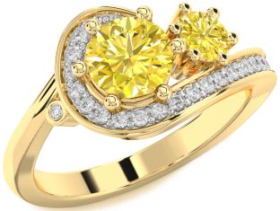 Yellow Diamond Gold Silver Round Two Stone Ring