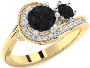 Black Diamond Gold Silver Round Two Stone Ring