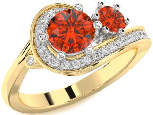 Diamond Fire Opal Gold Silver Round Two Stone Ring
