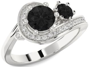 Black Diamond Silver Round Two Stone Ring