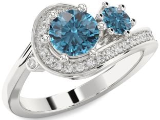 Blue Diamond Silver Round Two Stone Ring