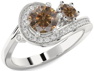 Chocolate Brown Diamond Silver Round Two Stone Ring