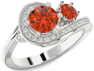 Diamond Fire Opal Silver Round Two Stone Ring