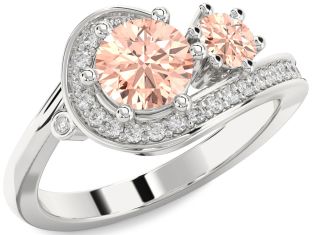 Diamond Morganite Silver Round Two Stone Ring