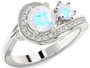 Diamond Moonstone Silver Round Two Stone Ring