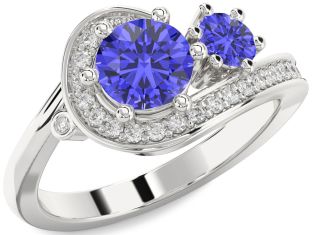Diamond Tanzanite Silver Round Two Stone Ring