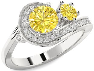 Yellow Diamond Silver Round Two Stone Ring
