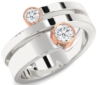 Diamond Silver & 10K Rose Gold Round Two Stone Ring