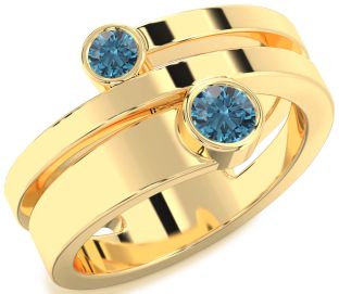 Blue Diamond Gold Silver Round Two Stone Ring