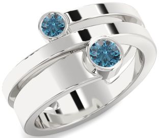 Blue Diamond Silver Round Two Stone Ring