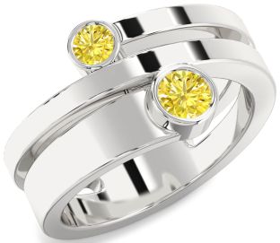 Yellow Diamond Silver Round Two Stone Ring