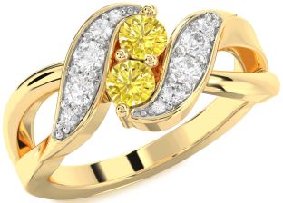 Yellow Diamond Gold Silver Round Two Stone Ring