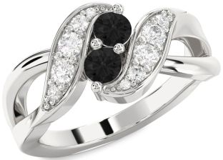 Black Diamond Silver Round Two Stone Ring