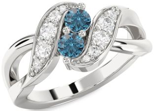 Blue Diamond Silver Round Two Stone Ring