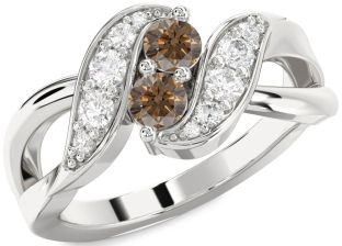 Chocolate Brown Diamond Silver Round Two Stone Ring