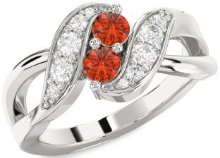 Diamond Fire Opal Silver Round Two Stone Ring