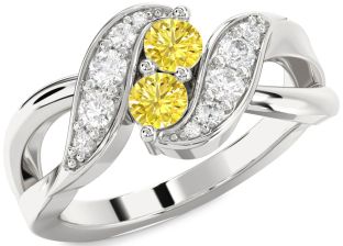 Yellow Diamond Silver Round Two Stone Ring