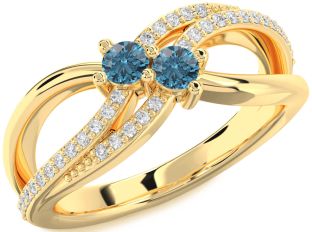 Blue Diamond Gold Silver Round Two Stone Ring
