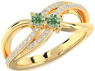 Green Diamond Gold Silver Round Two Stone Ring