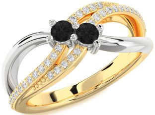 Black Diamond Gold Silver Round Two Stone Ring