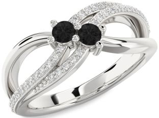 Black Diamond Silver Round Two Stone Ring