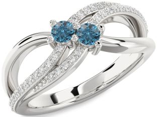 Blue Diamond Silver Round Two Stone Ring