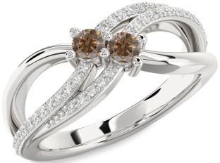 Chocolate Brown Diamond Silver Round Two Stone Ring