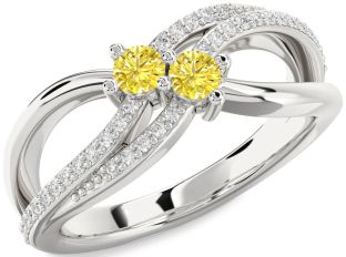 Yellow Diamond Silver Round Two Stone Ring