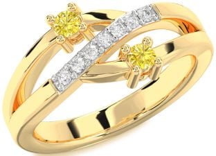 Yellow Diamond Gold Silver Round Two Stone Ring