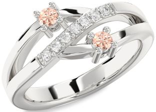 Diamond Morganite Silver Round Two Stone Ring