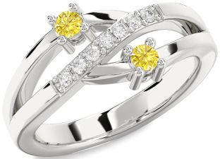 Yellow Diamond Silver Round Two Stone Ring