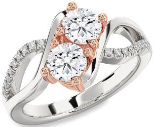 Diamond Silver & 10K Rose Gold Round Two Stone Ring