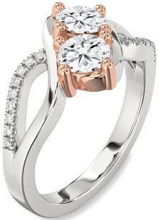 Diamond Silver & 10K Rose Gold Round Two Stone Ring