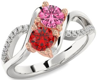 Diamond Silver & 10K Rose Gold Round Two Stone Promise Ring