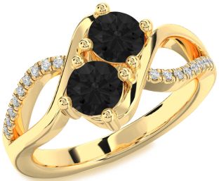 Black Diamond Gold Silver Round Two Stone Ring