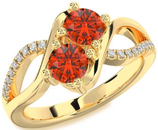 Diamond Fire Opal Gold Round Two Stone Ring